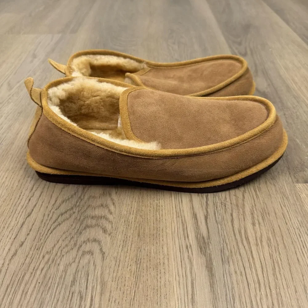 L.L. Bean Slipper Shoes Mens Size 12 Brown Suede Shearling Lined Moccasin Indoor